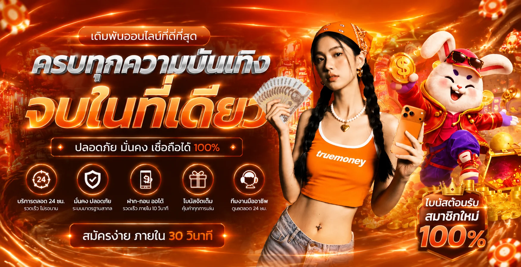 แบนเนอร์ Sexygameplus คาสิโนครบวงจรโทนส้มดำ